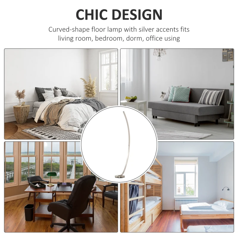 HOMCOM Aluminium Arc Floor Lamp, Futuristic Indoor Standing LED Light Home Ambience w/ Round Base Foot Switch, Living Room Bedroom Office Lounge, Silver Tone