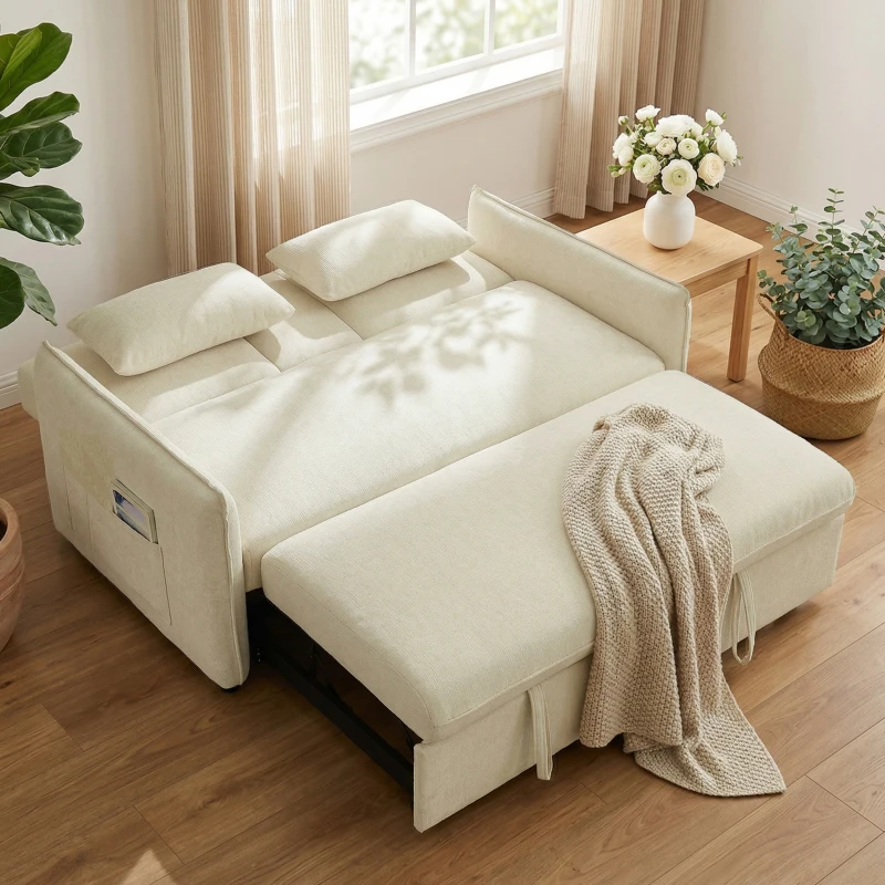 HOMCOM 3-in-1 Verstellbares Schlafsofa, Zweisitzer mit Getränkehaltern, verstellbarer Rückenlehne und Seitentaschen, Beige