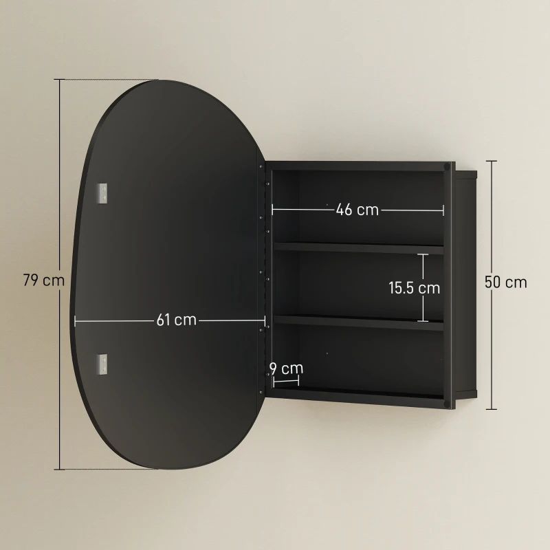 HOMCOM Dulap de Baie cu Oglindă și 3 Rafturi Interioare, Aluminiu și Metal, 61x12x79 cm, Negru