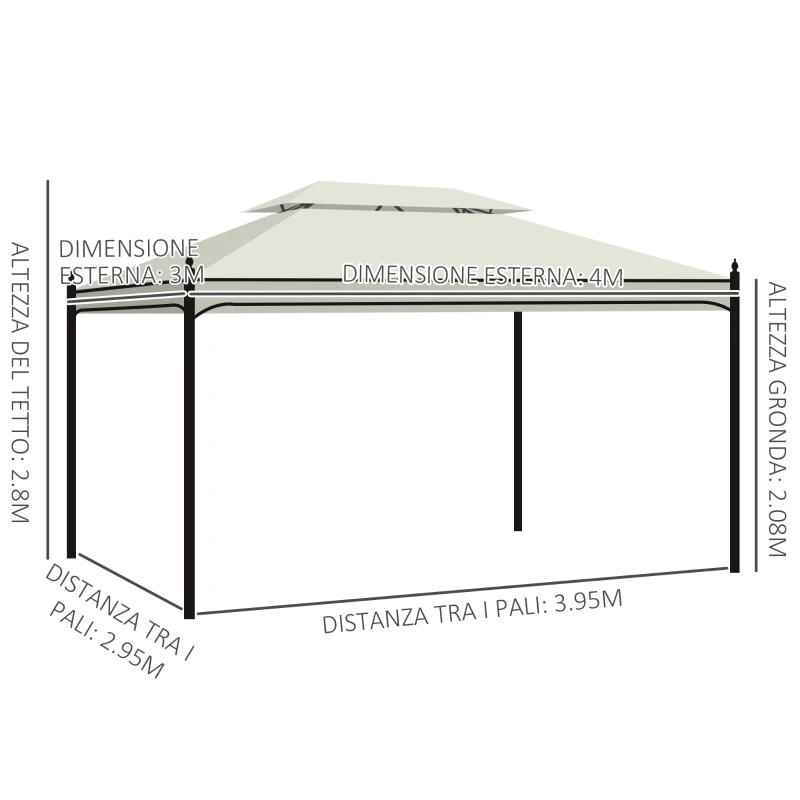 Outsunny Gazebo da Giardino 3x4m in Acciaio con Doppio Tetto e 4 Tende Laterali, Crema