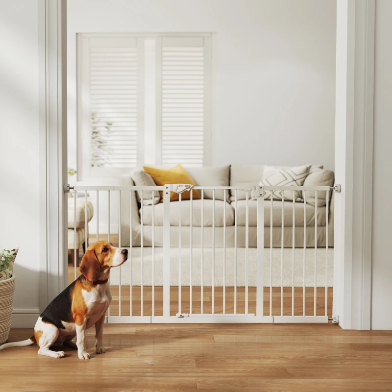 PawHut Barreira de Segurança Extensível para Portas e Escadas com Fechamento Automático e Sistema de Duplo Bloqueio 74-147,5x76,2 cm Branco