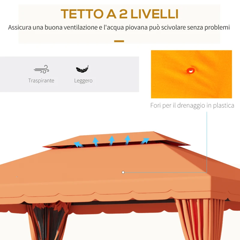 Outsunny Gazebo da Giardino 4x3m con Doppio Tetto e Tende Laterali, Arancione