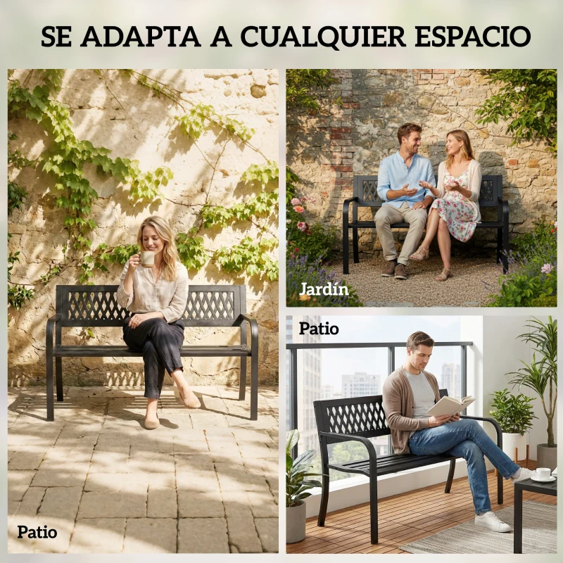 Outsunny Banco de Jardín Exterior de 2 Plazas  con Asiento Listonado Reposabrazos y Marco de Acero 119x50x75 cm Negro