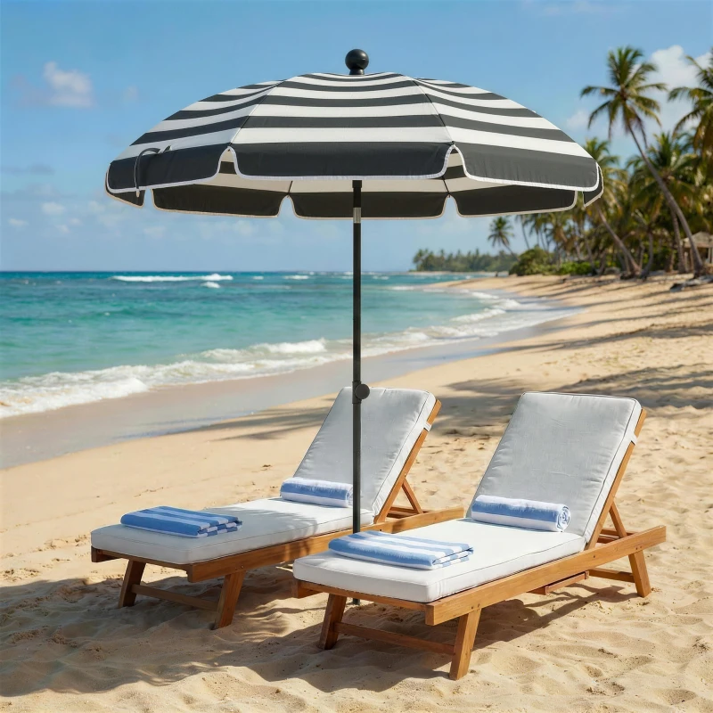 Outsunny 1.8 m Beach Umbrella Parasol with Sand Anchor, Portable 30° Tilting Patio Sun Shade with Adjustable Height, Grey/White