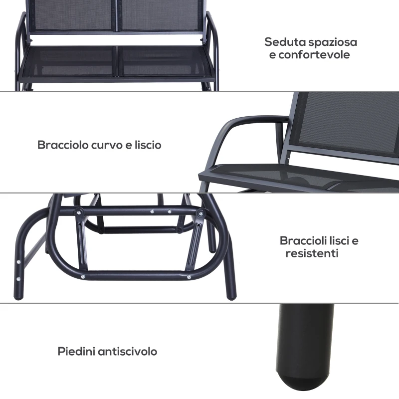 Outsunny Panchina a Dondolo da Giardino a 2 Posti in Metallo e Tessuto a Rete Traspirante, 120x70x85cm, Nero