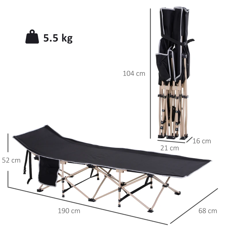 Outsunny Cama de Campismo Dobrável com 1 Bolso Lateral Bolsa de Transporte e Estrutura de Aço  190x68x52 cm Preto