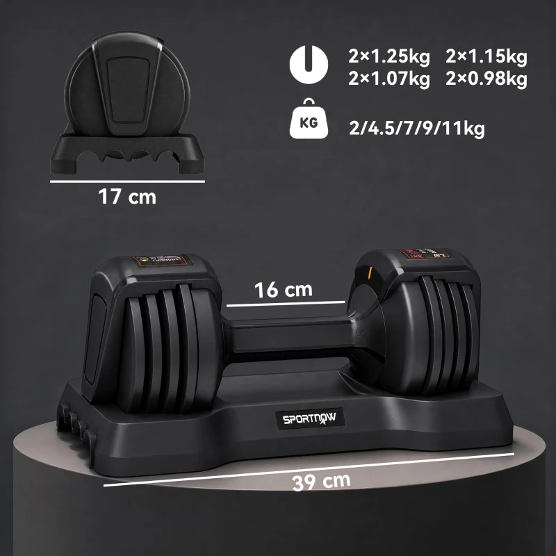 SPORTNOW Ganteră reglabilă 11 kg Set 5 în 1 cu sistem de reglare rapidă, blocare de siguranță, prindere antiderapantă și bază