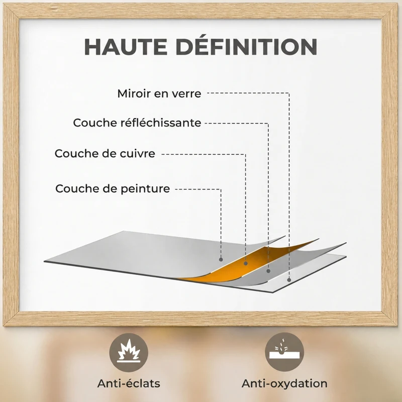HOMCOM Miroir mural rectangulaire 60 x 40 cm, cadre en bois naturel, idéal pour la salle de bain, salon ou chambre