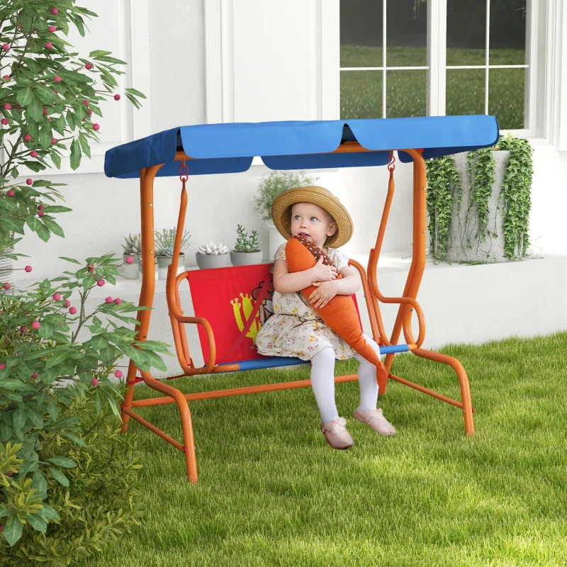 Outsunny Two Seater Kids Garden Swing, Cowboy Themed kids Swing Chair with Adjustable Canopy, Safety Belts for Outdoor Use