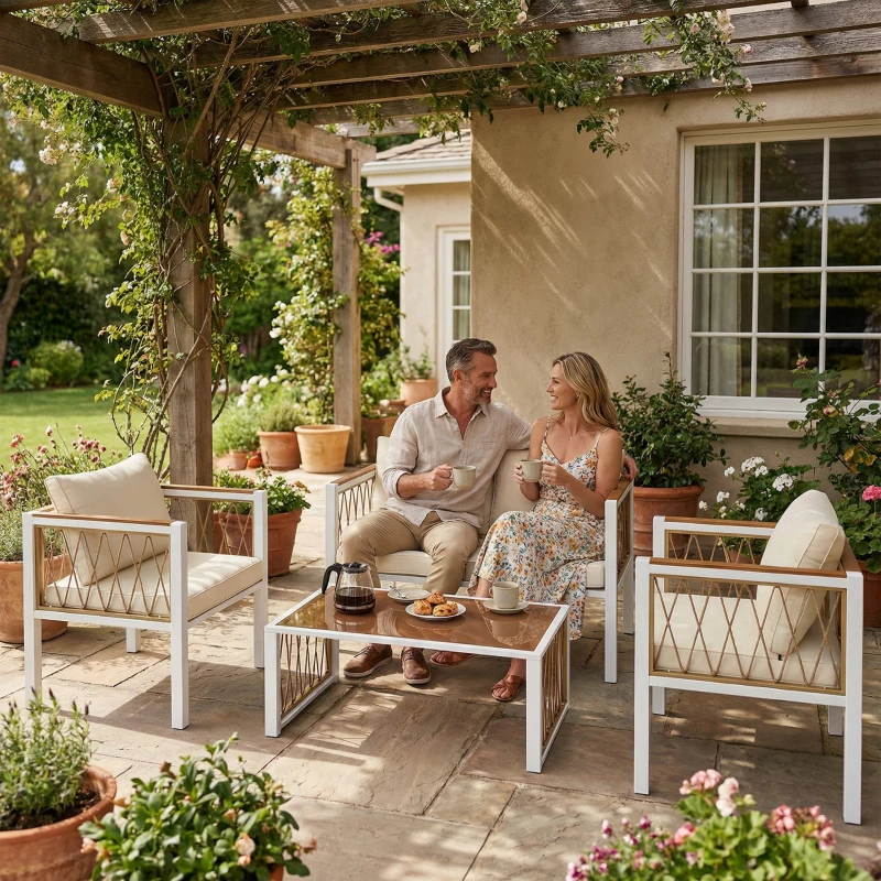 Outsunny Gartenmöbel Set 4-teilig Polyrattan Lounge-Set mit Zweisitzer 2 Sessel Glastisch abnehmbar Kissen rutschfesten Matte