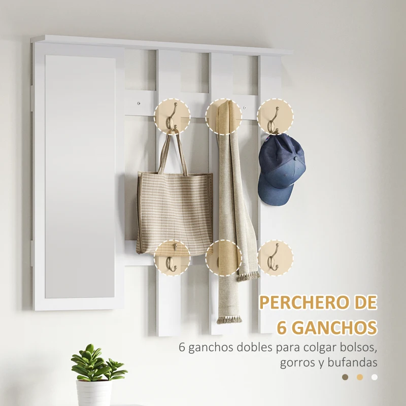 HOMCOM Recibidor con Espejo Perchero y Zapatero Muebles de Entrada con 6 Ganchos y Estantes para 8 Pares de Zapatos Blanco