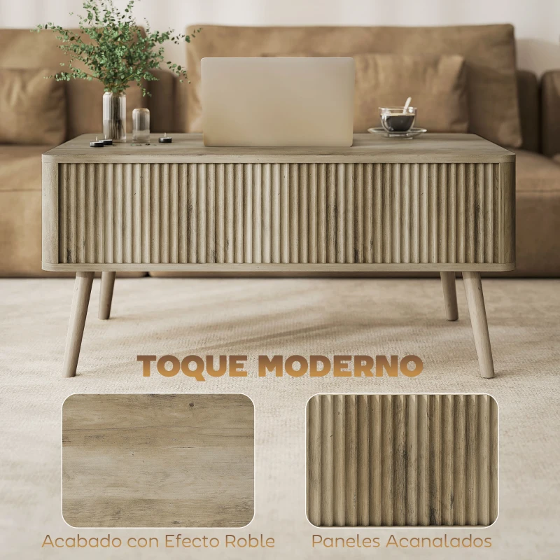 HOMCOM Mesa de Centro Elevable con Compartimentos Ocultos de Almacenaje y Patas de Pino para Salón Comedor 91x56x43 cm Roble