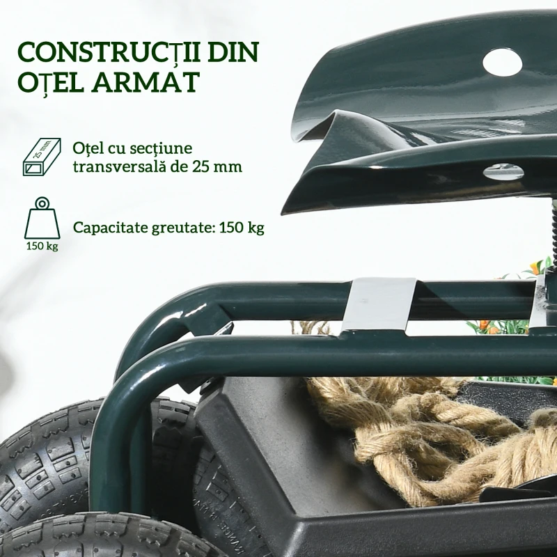 Outsunny Cărucior de grădină cu scaun reglabil și tavă inferioară, din oțel și PP, 83x36.5x45-60 cm, verde închis
