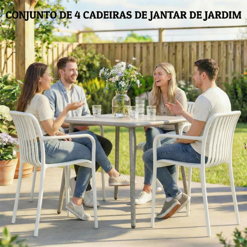 Outsunny Conjunto de 4 Cadeiras de Jardim Exterior Empilháveis de PP com Encosto Curvado Assento com Ripas 55x58,5x81,5 cm Branco