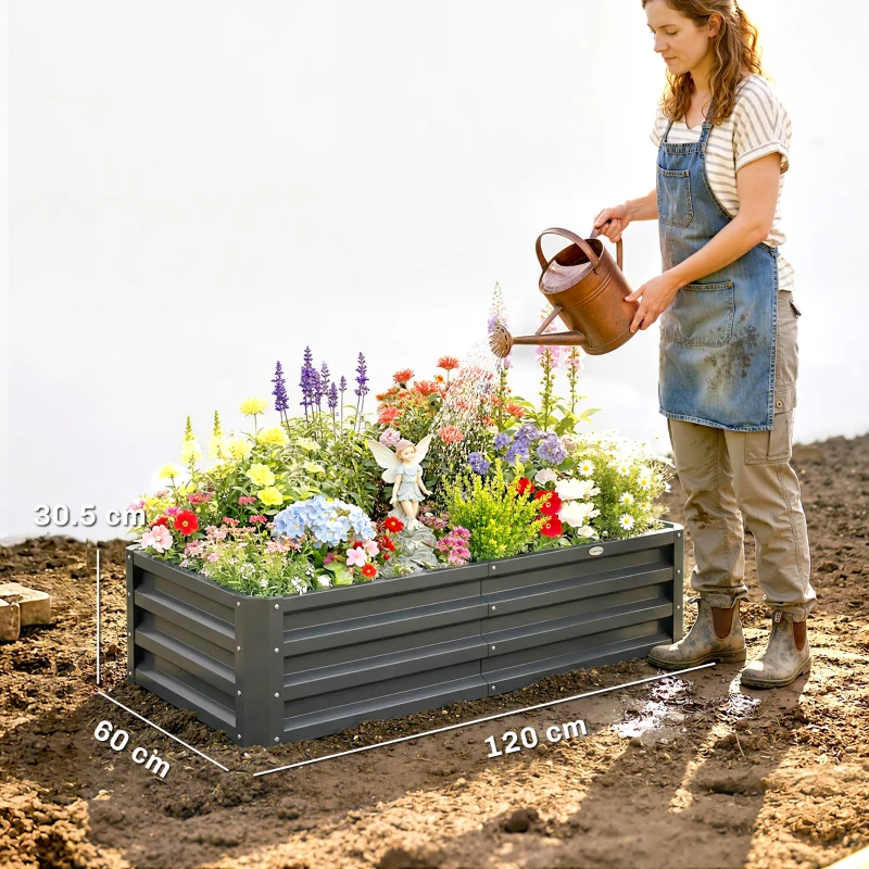 Outsunny Rectangle Raised Garden Bed Box with Weatherized Steel Frame for Vegetables, Flowers, & Herbs, 120 cm x 60 cm x 30.5 cm, Light Grey