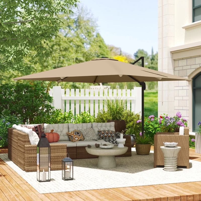 Outsunny Parasol déporté carré 3 x 3 m, parasol de jardin extérieur, rotation 360°, inclinable 5 positions, base en croix, kaki