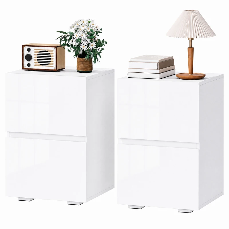 HOMCOM Lot de 2 Tables de Chevet, Tables d'Appoint avec 2 Tiroirs, Façades à Haute Brillance, Plateau Large, 40x40x58cm, Blanc
