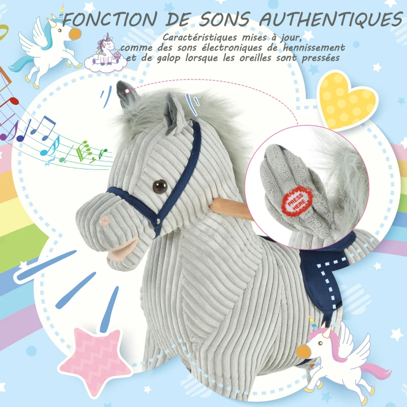 HOMCOM Cheval à bascule pour enfant, jouet à bascule en peluche, à effets sonores, avec poignées, pédale, gris et blanc