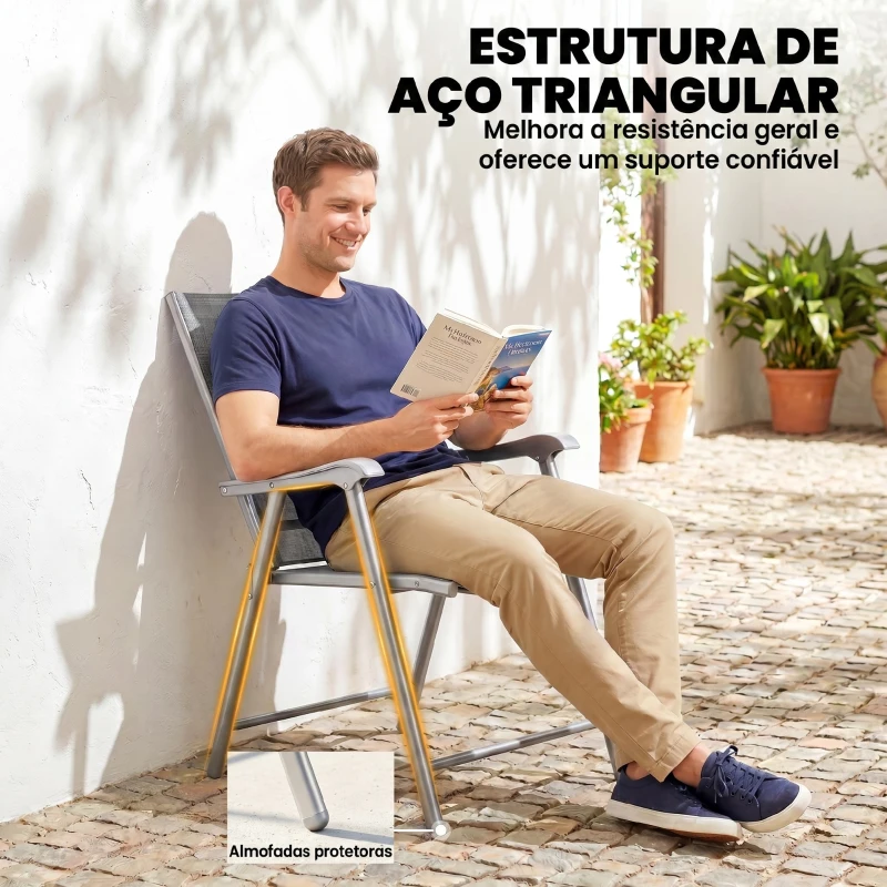 Outsunny Conjunto de 4 Cadeiras de Campismo Dobráveis Cadeiras de Jardim com Tecido Textilene Respirável 58x62x97 cm Cinza Claro