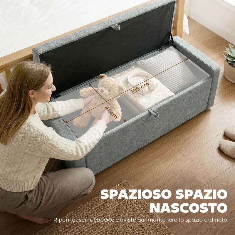 HOMCOM Cassapanca 142L Pouf Contenitore, Seduta Ampia Imbottita, in Lino, Capacità 200 kg, Grigio Chiaro