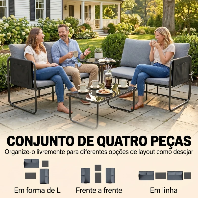 Outsunny Conjunto de Jardim de 4 Peças Móveis de Exterior com 2 Sofás de 2 Lugares 2 Mesas de Vidro Almofadas Capas Removíveis Cinzento