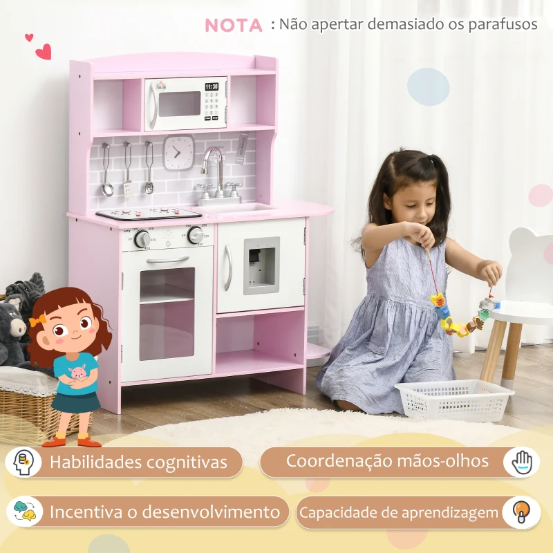 HOMCOM Cozinha Infantil para Crianças acima de 3 Anos Cozinha Infantil com Luzes Sons Lavatório Fogão e Forno 70x29x90cm Rosa