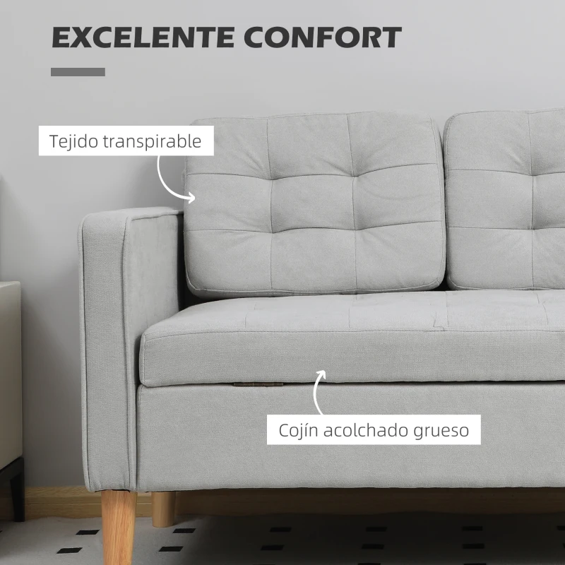 HOMCOM Sofá de 2 Plazas con Espacio de Almacenamiento Patas de Madera Respaldo Capitoné 117x62x78 cm Gris Claro