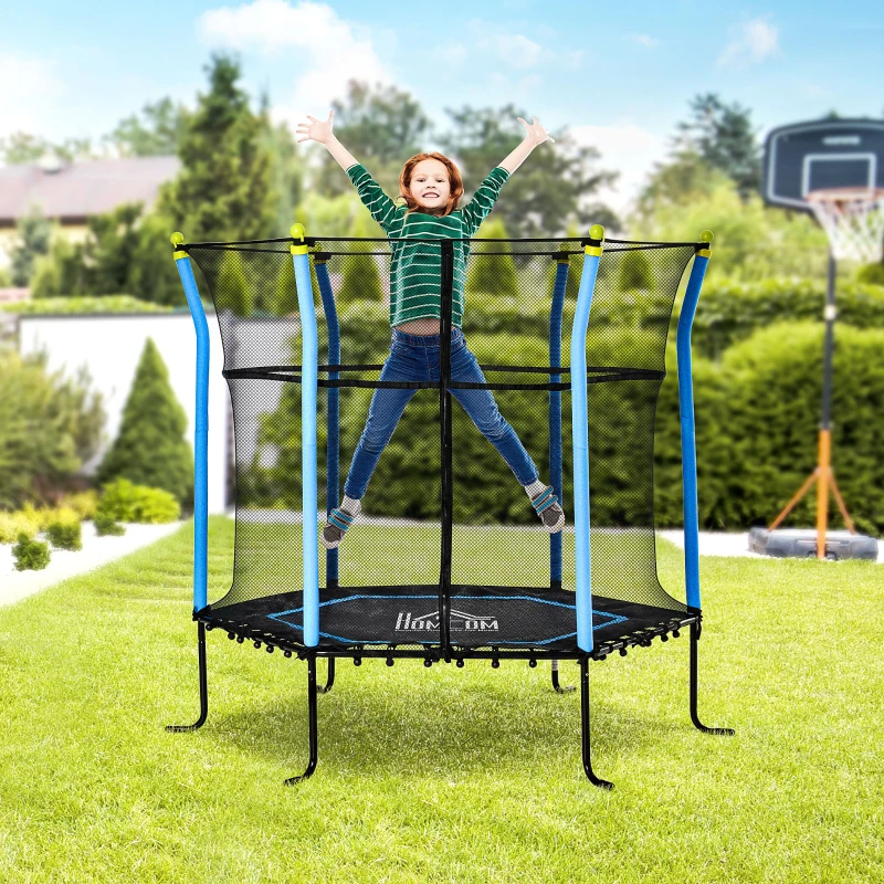 HOMCOM Cama Elástica Infantil de Jardín Ø163,5x163,5 cm Trampolín para Niños de +3 Años con Red de Seguridad y Marco de Acero para Interior Exterior Carga 50 kg Negro y Azul
