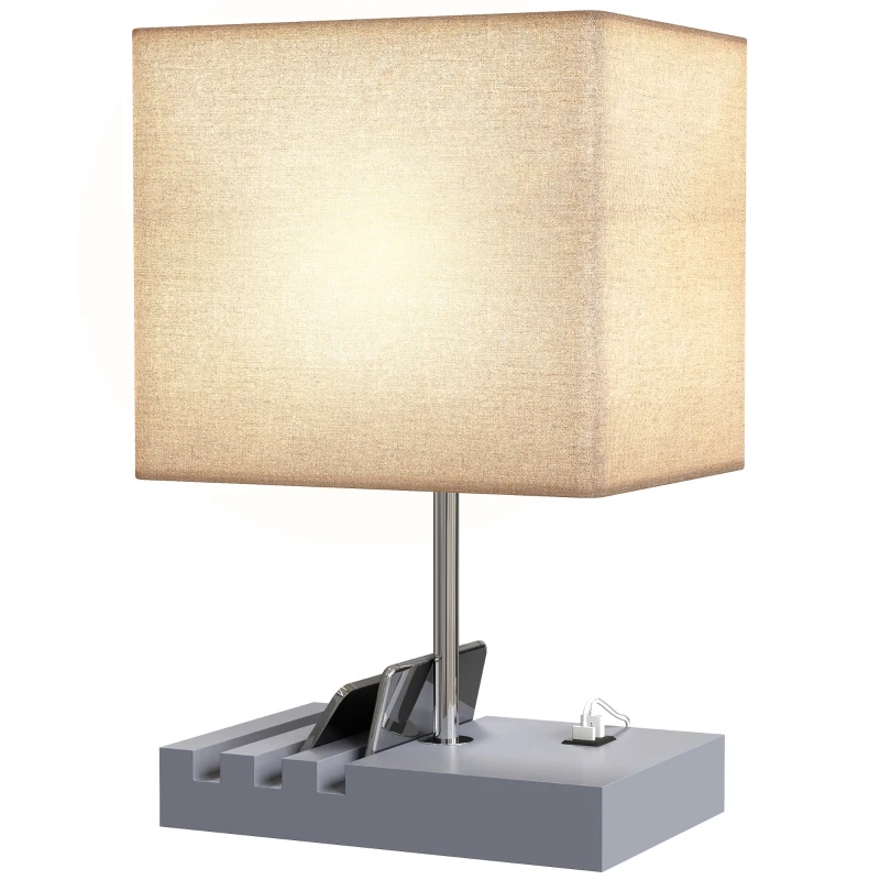 HOMCOM Bedside Lamp with USB A+C Charging Ports and 3 Phone Stands, Modern Table Lamp with Solid Wood Base and Fabric Shade for Bedroom Living Room Office, E27 Socket, Bulb Not Included, Grey
