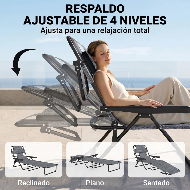 Outsunny Espreguiçadeira de Jardim Dobrável com Encosto Ajustável em 4 Níveis, Orifício de Leitura e Apoio para Cabeça 145x72x89 cm Cinzento