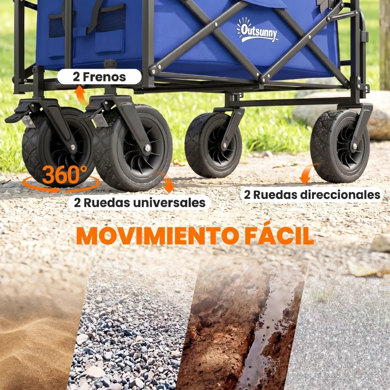 Outsunny Carro de Jardín Plegable con Longitud y Ángulo del Mango Ajustables y Bolsa de Transporte Carga 100 kg Azul Oscuro