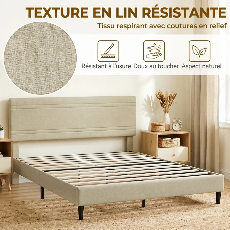 HOMCOM Cadre de Lit 160 x 200 cm avec Sommier en Bois, Rembourré en Effet Lin, Cadre en Acier, 9 Pieds Robustes, Beige