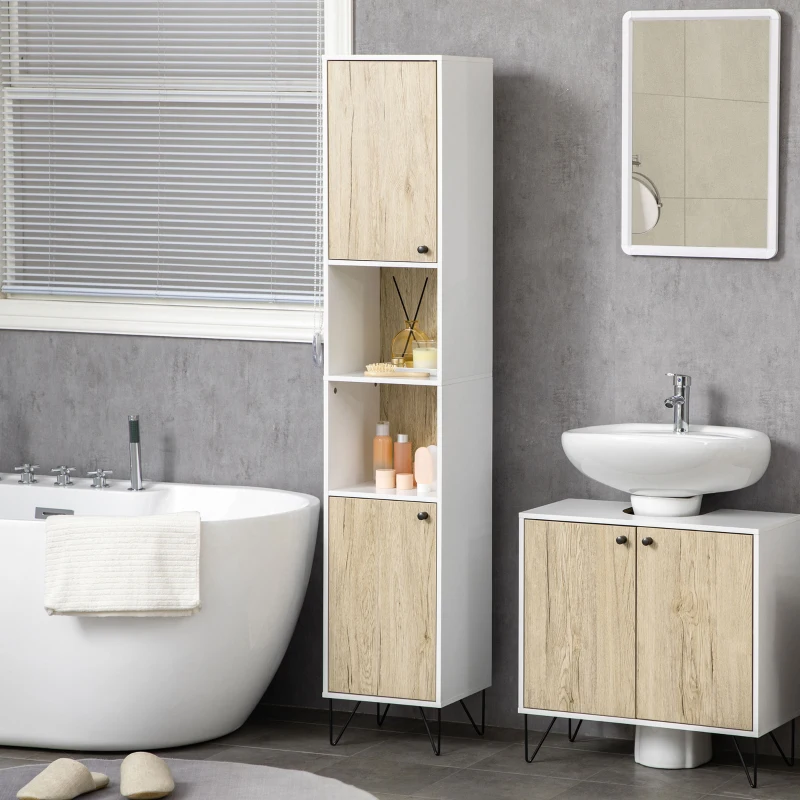 kleankin Colonna Bagno con 2 Ripiani Aperti e 2 Armadietti in Truciolato, 31.5x30x169 cm, Bianco e color Legno