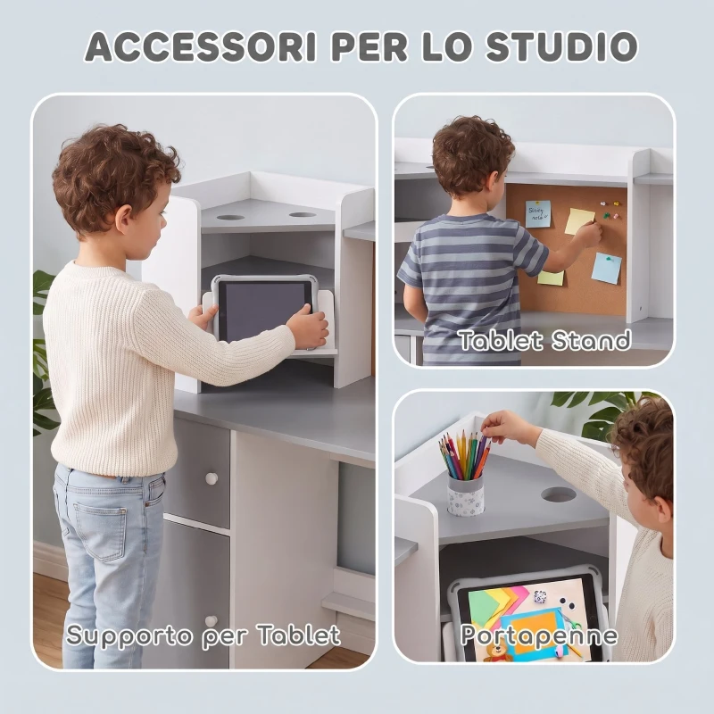 AIYAPLAY Set Scrivania e Sedia per Bambini con Portapenne, Supporto Regolabile per Tablet, Armadietti e Bacheca, Grigio