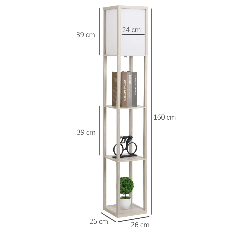 HOMCOM Lampada da Terra Piantana 40W con 3 Scaffale, Attacco E27, Lampada da Pavimento Moderno con Paralume in Acrilico, Soggiorno, Salotto, Camera da Letto, Studio, Ufficio, 26x26x160cm, Rovere