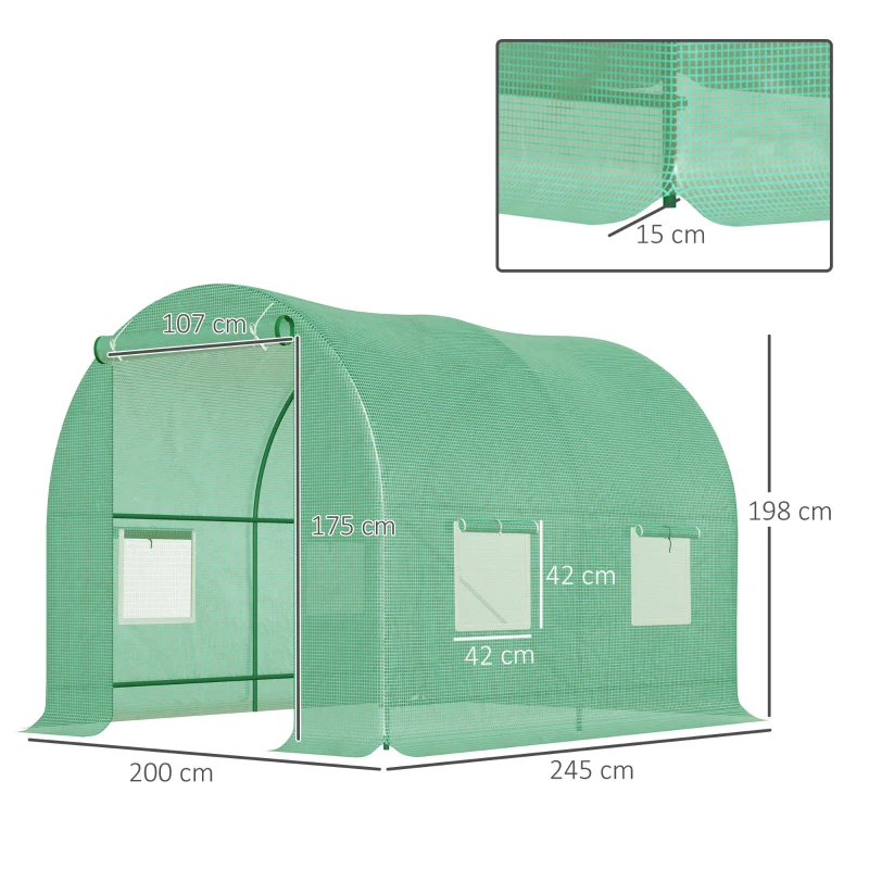 Outsunny Serre de Jardin Tunnel 5 m² 2,5L x 2l x 2H m Acier renforcé Ø 1,8 cm + PE Haute densité 140 g/m² fenêtres Vert