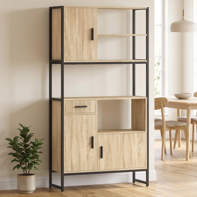 HOMCOM Aparador Alto para Cozinha Armário de Cozinha 3 Portas com Fecho Suave Gaveta Bancada Nichos Abertos Madeira Natural