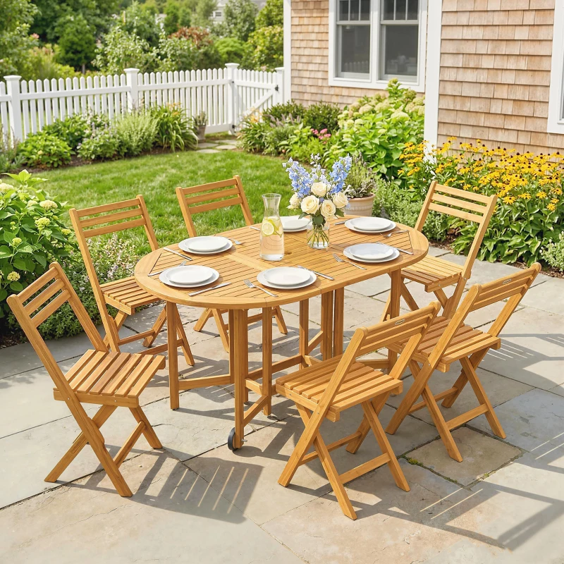 Outsunny Set Pranzo 7 Pezzi, Tavolo Estensibile Legno e 6 Sedie Pieghevoli per Giardino