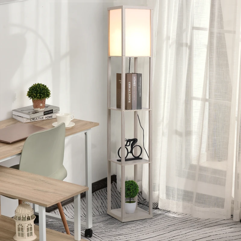 HOMCOM Lampada da Terra Piantana 40W con 3 Scaffale, Attacco E27, Lampada da Pavimento Moderno con Paralume in Acrilico, Soggiorno, Salotto, Camera da Letto, Studio, Ufficio, 26x26x160cm, Rovere