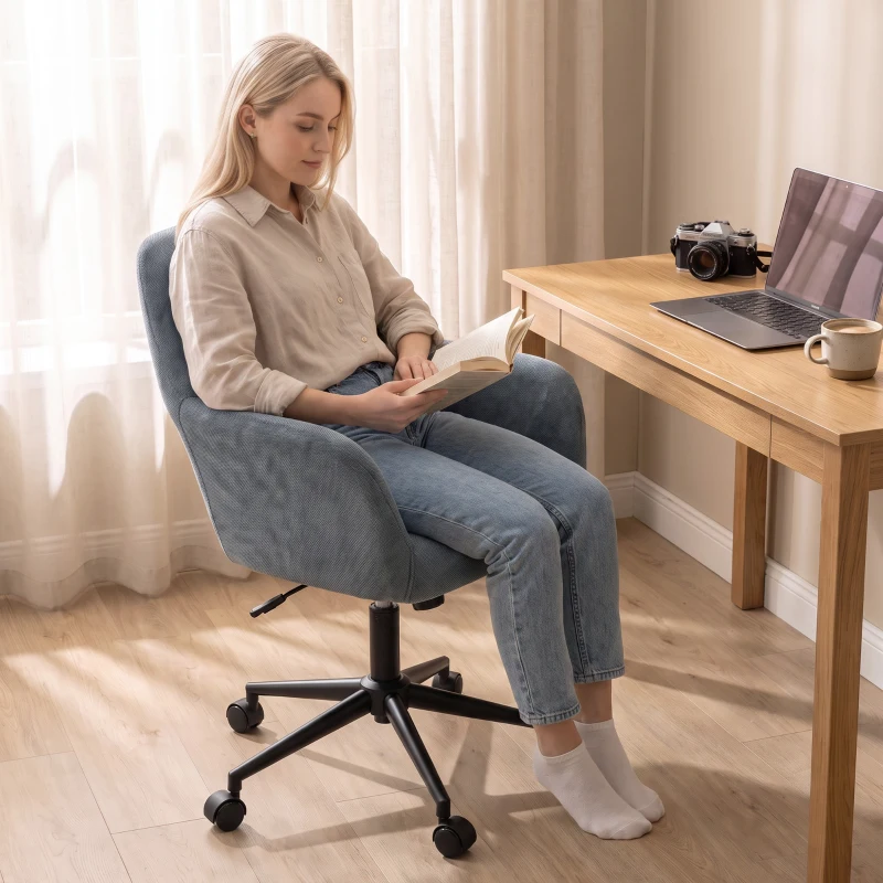 HOMCOM Cadeira de Escritório Ergonômica Poltrona de Escritório em Chenille com Altura Ajustável Função de Basculamento Azul