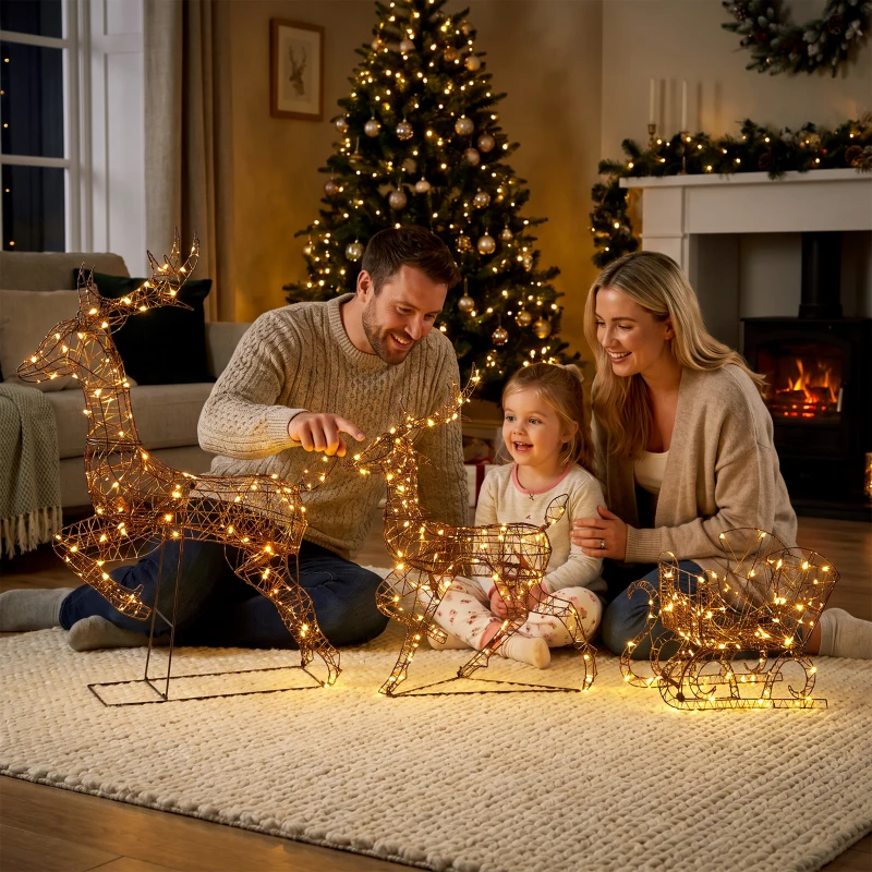 Outsunny Ensemble 3 pièces renne et traîneau lumineux, déco de Noël en polyrattan avec LEDs, 8 modes, minuterie