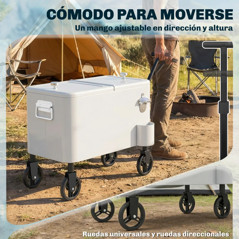 Outsunny Carrito Nevera de 56L con Ruedas Mango Ajustable Abrebotellas Recogetapas Drenaje y Asa 75x35x120 cm Blanco
