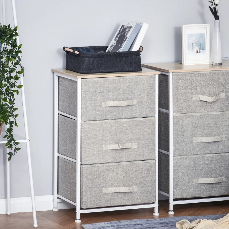 HOMCOM Mesa de Cabeceira com 3 Gavetas de Tecido para Dormitório Sala de Estar Corredor 45x30x71 cm Cinza e Branco