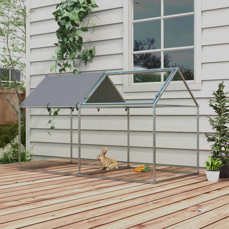 PawHut Gabbia per Animali in Acciaio con Tetto in Tessuto Oxford e Picchetti, 198x100x120 cm, Verde e Argento