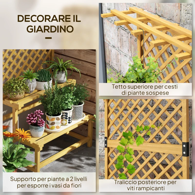 Outsunny Fioriera con Grigliato per Rampicanti, 2 Ripiani e Barra Superiore, in Legno di Abete, 75x50x166 cm, Giallo