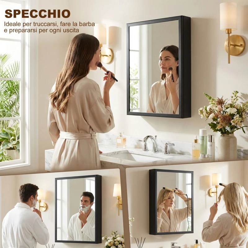 kleankin Specchiera Bagno in Acciaio con Armadietto a 3 Ripiani e Chiusura Ammortizzata, 40x12x60 cm, Nero