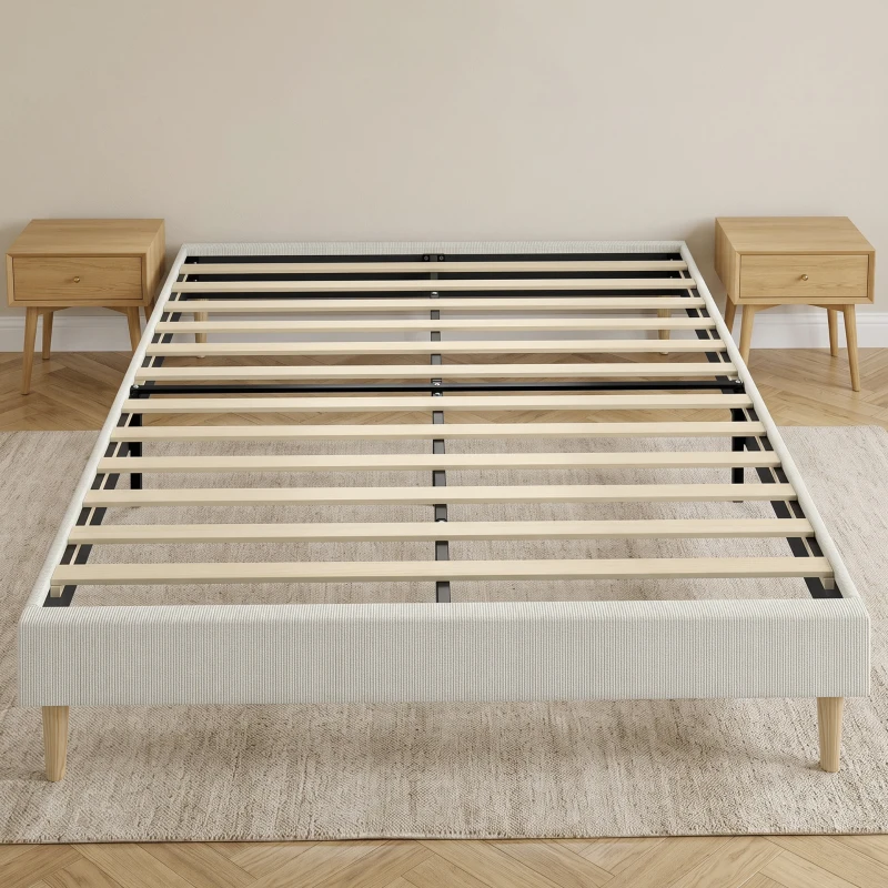 HOMCOM Cadru de pat 140 x 190 cm cu somieră, pat dublu tapițat în catifea canelată, spațiu de depozitare dedesubt, crem