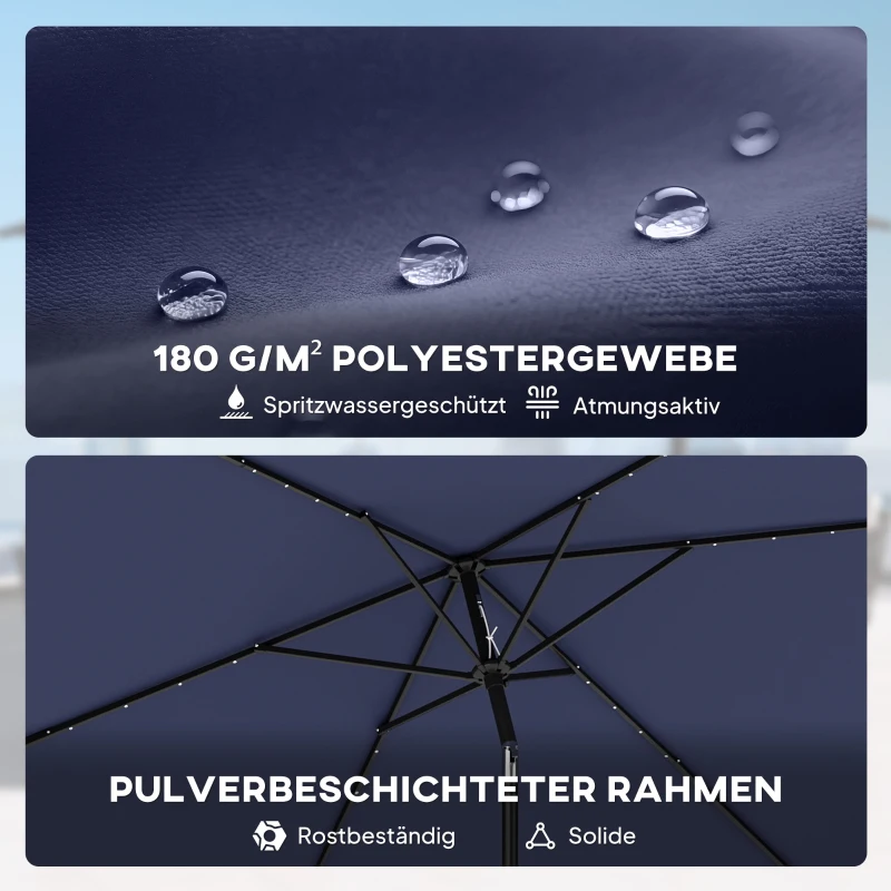 Outsunny Sonnenschirm LED Solar ca. 300 x 200 cm knickbar Balkonschirm mit Kurbel Schutzhülle, UV Schutz, Drehbar Marineblau