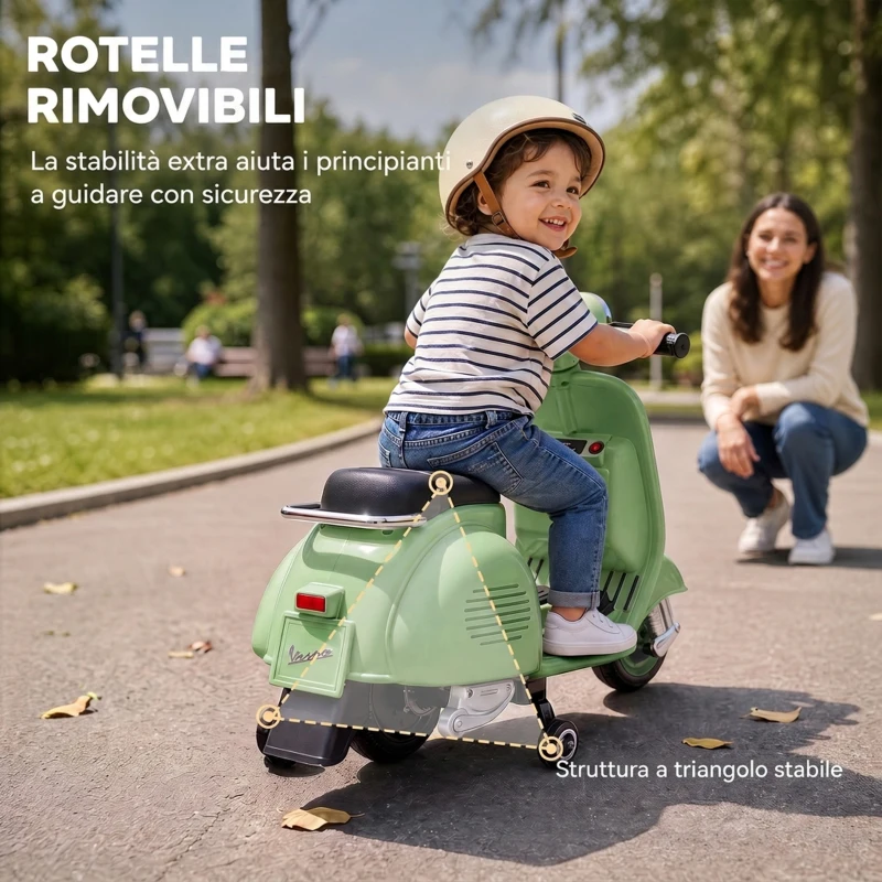 AIYAPLAY Moto Elettrica per Bambini 3+ Anni Licenza VESPA, 7.2V, con Rotelle Rimovibili, 3-5 km/h, Max 30kg, Verde