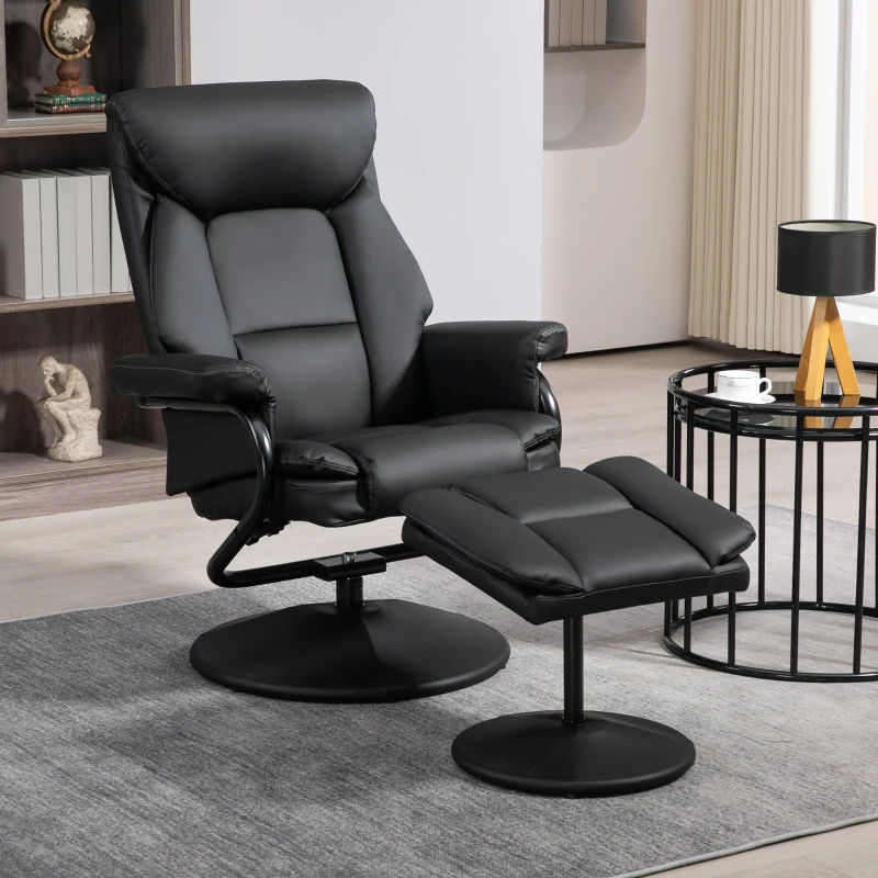 HOMCOM Swivel Recliner Chair with Footstool, PU Leather Recliner Armchair with Ottoman, Steel Base, Upholstered Reclining Chair for Living Room, Bedroom, Office, Black